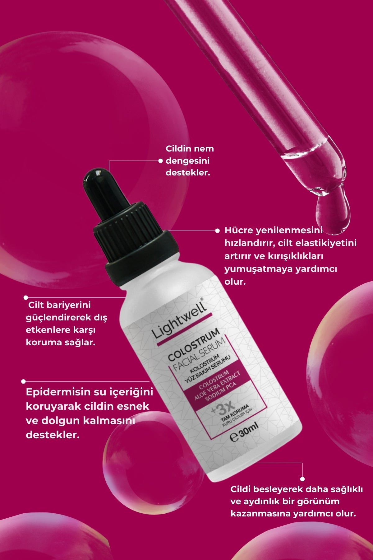 Lightwell Kolostrum Yüz Bakım Serumu - Cilt Yenileyici, Nemlendirici ve Yaşlanma Karşıtı Serum